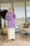 7175 Omuzları Boncuklu Tencel Tunik Lila